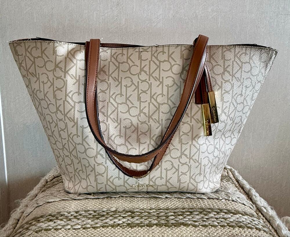 Calvin Klein White Tan CK Monogram Logo Tote Bag Brown Shoulder Straps